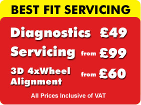 Diagnostics for 30.00, Servicing from 59.00, and 3D Wheel Alignement from only 30 at our Best Fit Glasgow Garage